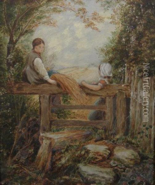 Two Children At A Stile Oil Painting - Myles Birket Foster