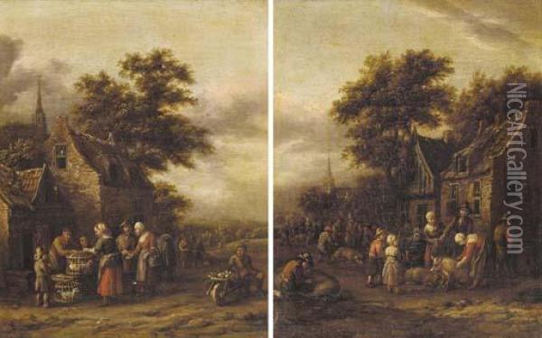 Peasants Buying Chickens At A Village Market; And Peasants With Pigs At A Village Market Oil Painting - Barent Gael