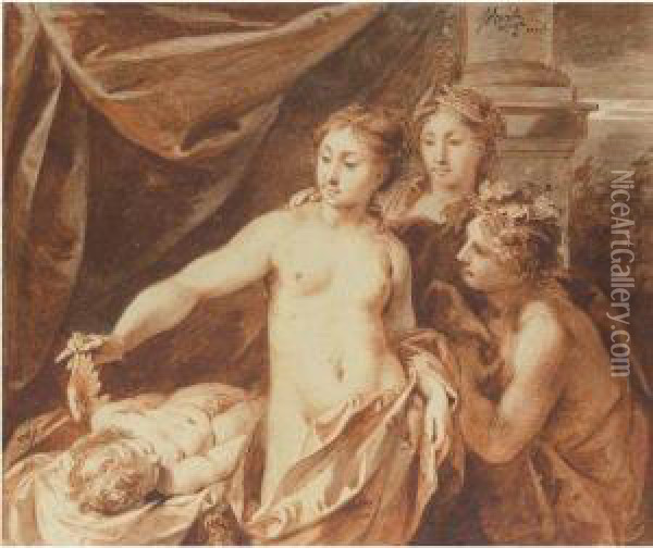 Venus, Bacchus And Ceres Observing The Sleeping Cupid Oil Painting - Jacob de Wit