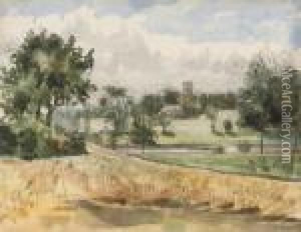 A View Across A Cornfield, A Church In The Distance (illustrated); And The Churchyard Oil Painting - Thomas Gainsborough