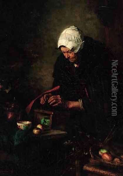 An old lady cooking apples Oil Painting - Johannes Weiland