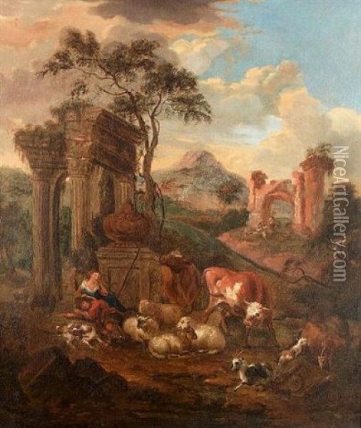 A Shepherd And Shepherdess With Sheep, Goats And Cattle Resting Before Ruins Oil Painting - Michiel Carree