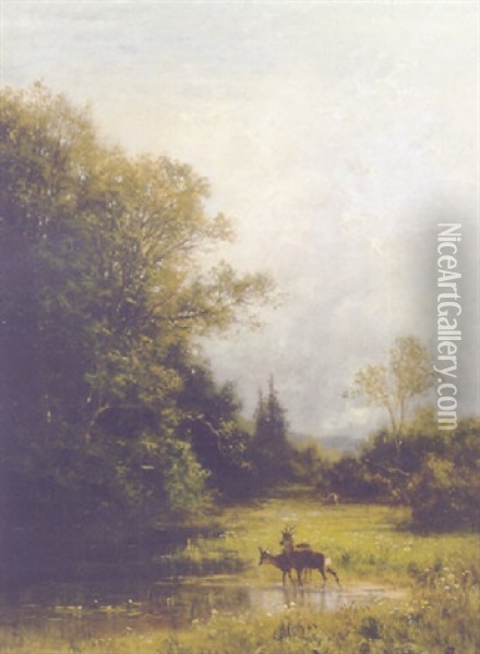 Rehe In Landschaft Mit Wald Und Waser (sommermorgen) Oil Painting - Adolf Heinrich Lier