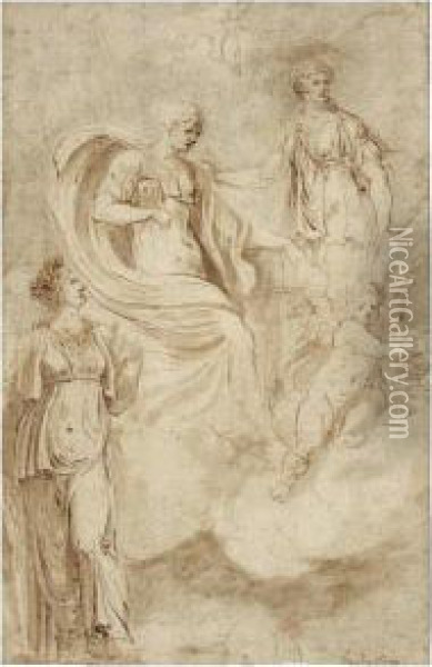 Venus And Cupid And Other Classical Female Figures Oil Painting - Girolamo da Carpi