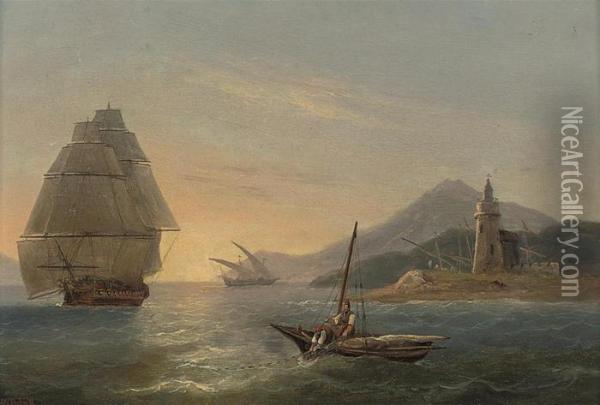 Fishermen Casting Their Nets Off
 A Lighthouse In The Strait Ofmessina, With Mt. Etna Beyond Oil Painting - Thomas Luny