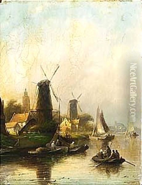 Mills In A River Landscape Oil Painting - Jan Jacob Coenraad Spohler