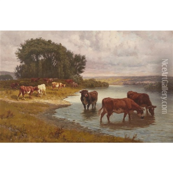 Cows Watering Oil Painting - William Baptiste Baird