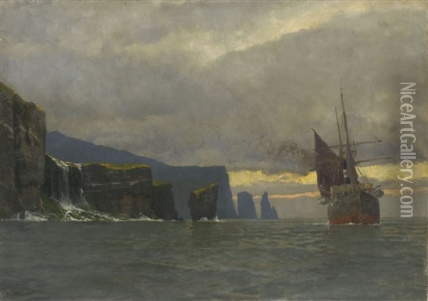 Dampfschiff Vor Der Kuste Der Faroer-inseln Oil Painting - Michael Zeno Diemer