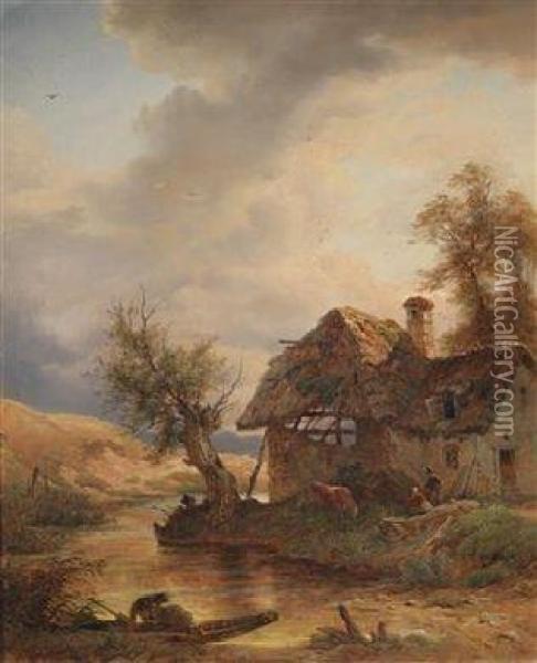 Farmer's Cottage At The Stream Bank Oil Painting - Franz Reinhold