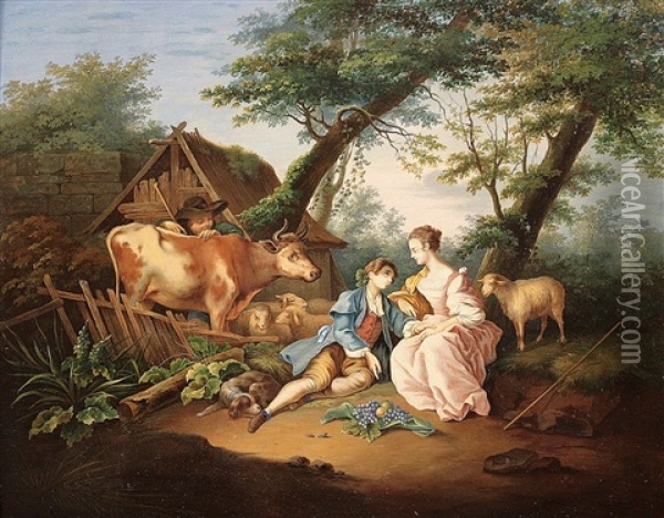 Galantes Paar In Landlicher Umgebung Oil Painting - Jean Baptiste Huet