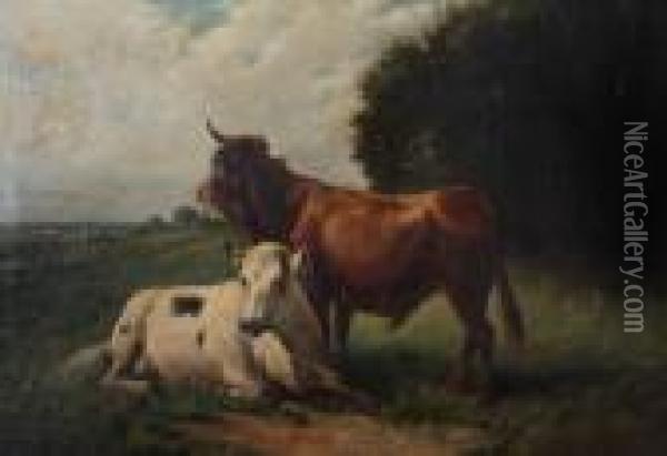Stier En Koe In De Wei Aan De Rand Van Het Woud Oil Painting - Henry Schouten