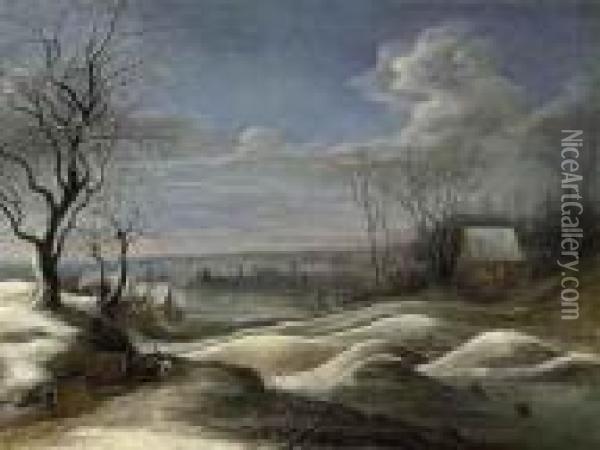 A Winter Landscape With Travellers On A Path And Figures Skating On A Frozen Lake Beyond Oil Painting - Daniel van Heil