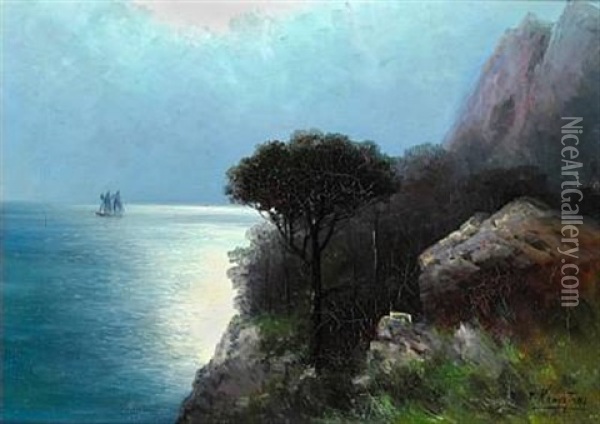 Coastal Scene From The Crimea With A Schooner On The Black Sea In Moonlight Oil Painting - Grigorij Kapustin