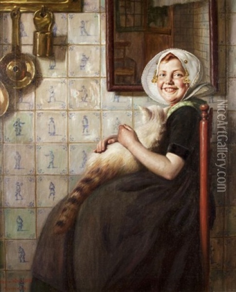 Mit Der Katze Daheim Oil Painting - Hermann Knopf