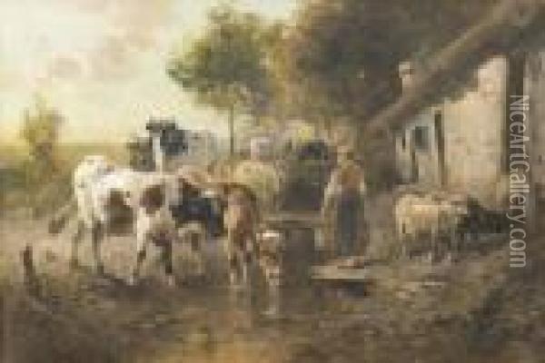 Bauerin Mit Kuhen Und Schafen Vor Gehoft Oil Painting - Henry Schouten