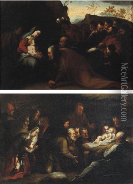 The Adoration Of The Shepherds (+ The Adoration Of The Magi; Pair) Oil Painting - Pasquale de' Rossi