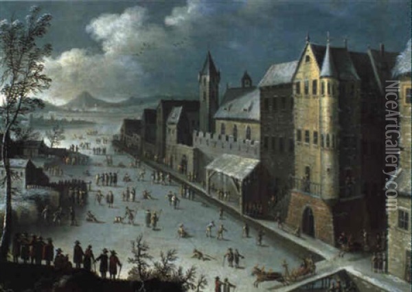 Winterliches Eisvergn_gen Vor Einer Mittelalterlichen Stadt Oil Painting - Franz-Joseph (Weber) Textor