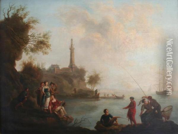 Scene On The Coast With Fishermen By A Lighthouse Oil Painting - Claude-joseph Vernet