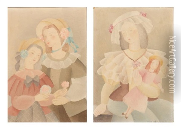 Jeune Fille A La Poupee (+ Mere Et Sa Fille Aux Bouquets; Pair) Oil Painting - Alice Hohermann