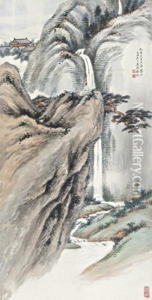 Appreciating Waterfall Oil Painting - Jin Cheng