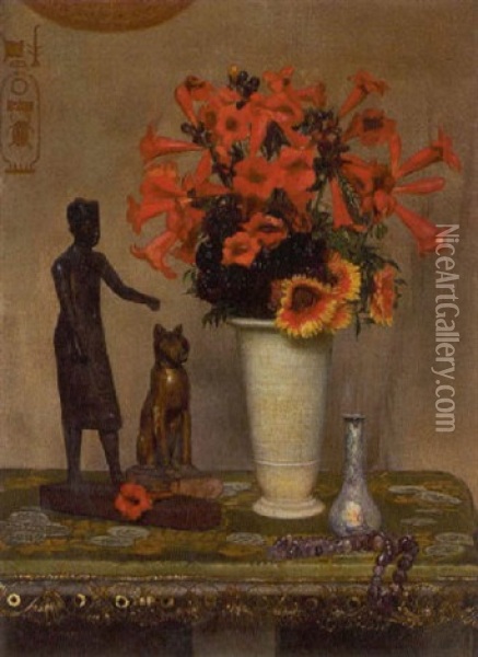 Stilleben Mit Blumenstraus Und Agyptischen Gottheiten Oil Painting - Franz Von Matsch