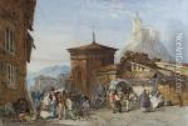 Figures In The Street, Le Puy, Clermont-ferrand, France Oil Painting - William Henry Pyne