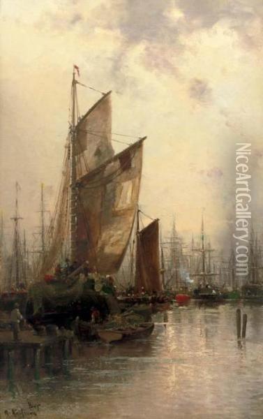 Havre: A Busy Harbour Oil Painting - Adolf Kaufmann