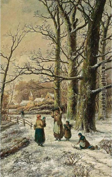 Woodgatherers In A Winter Forest Oil Painting - Hendrik Pieter Koekkoek