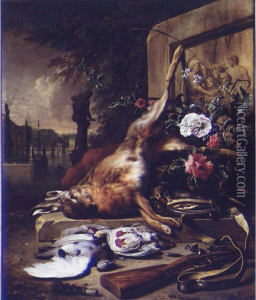 A Still Life Of Game, Including A
 Hare, Grey Partridges, A Pidgeon, A Musket, A Powder Bag, Trapping Nets
 And Summer Flowers Before A Stone Frieze, The Water Gardens Of A Villa 
Beyond Oil Painting - Jan Weenix