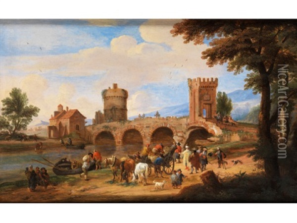 Italienisierte Flusslandschaft Mit Blick Auf Die Ponte Lucano Und Das Grab Der Plautii Bei Tivoli Oil Painting - Mathys Schoevaerdts