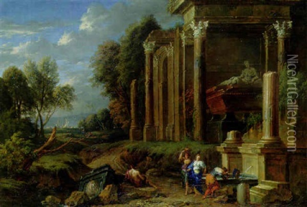 A Capriccio Of Classical Ruins In A Wooded Landscape, With Women By A Fountain By A Tomb And A Shepherd Resting On A Plinth Oil Painting - Johannes (Jan) Glauber