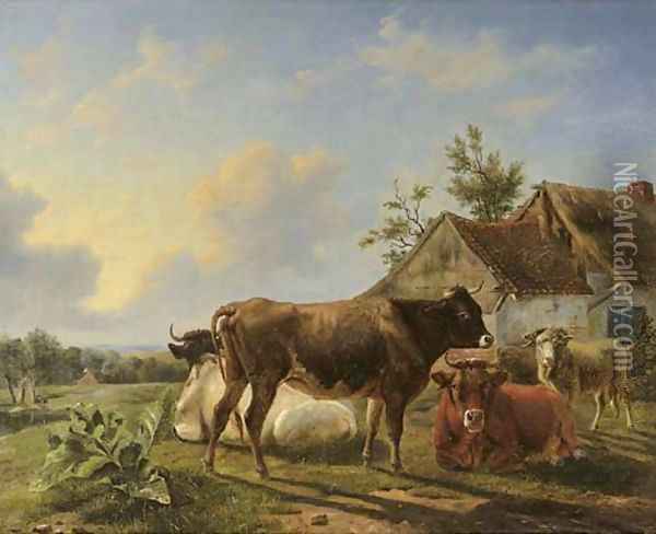 Cattle in a meadow by a farm Oil Painting - Louis Marie Dominique Romain Robbe