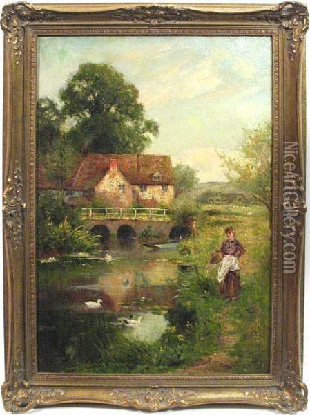A Female Figure By A Stream With Ducks And A Cottage In The Background Oil Painting - Ernst Walbourn