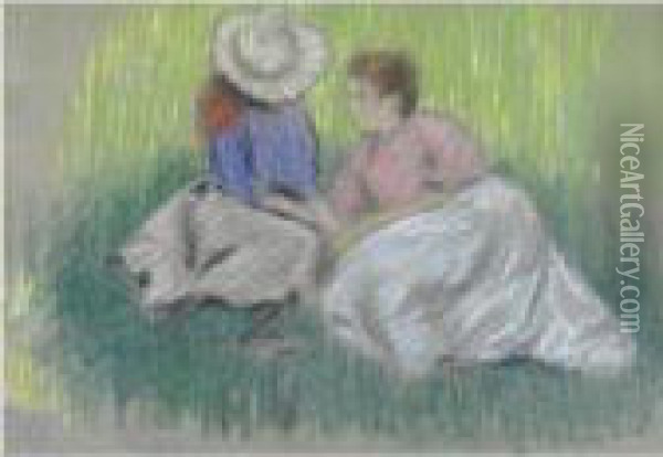 Sull'erba (femme Et Fillette Assieses Sur L'herbe) Oil Painting - Federigo Zandomeneghi