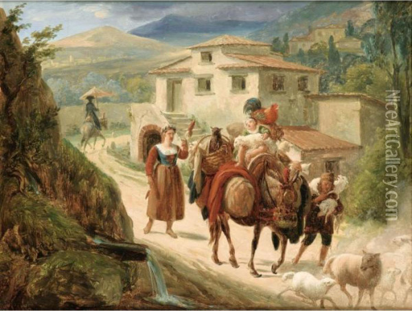 Paysage Italien Avec Des 
Promeneurs Sur Un Chemin [attributed To Nicolas-antoine Taunay ; Italian
 Landscape With Travellers On A Path ; Oil On Canvas] Oil Painting - Nicolas Antoine Taunay