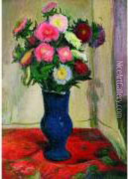 Bouquet Au Vase Bleu Oil Painting - Vladislaw Slewinsky