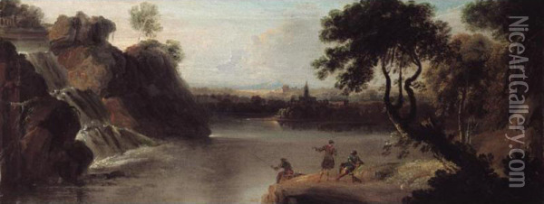 River Landscape With Seated Figures And A Waterfall Oil Painting - William Jones