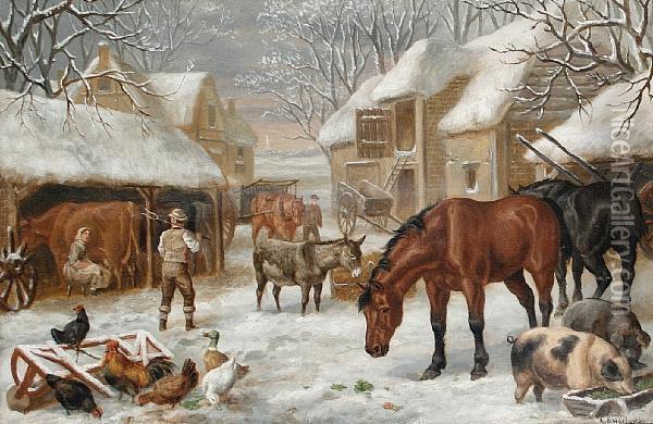 A Farmyard In Winter Oil Painting - Edward Benjamin Herberte