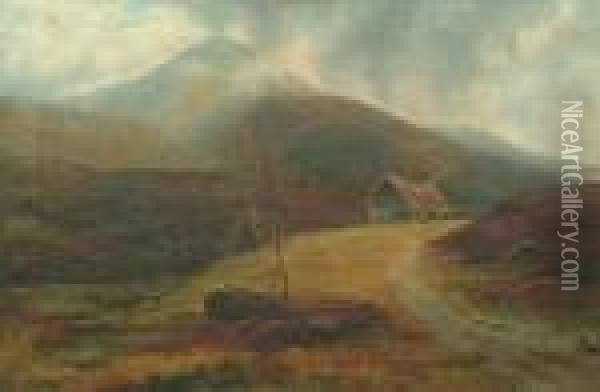 A Moorland Scene With Cattle Grazing With Mountains Beyond, Possibly Wales Oil Painting - William Mellor
