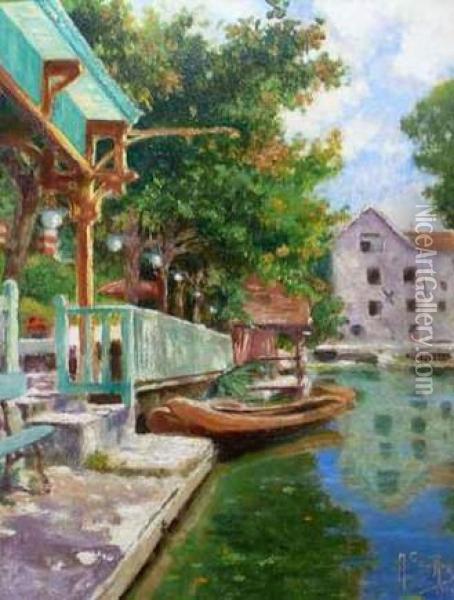 Bord De Canal. Oil Painting - Albert Cezard