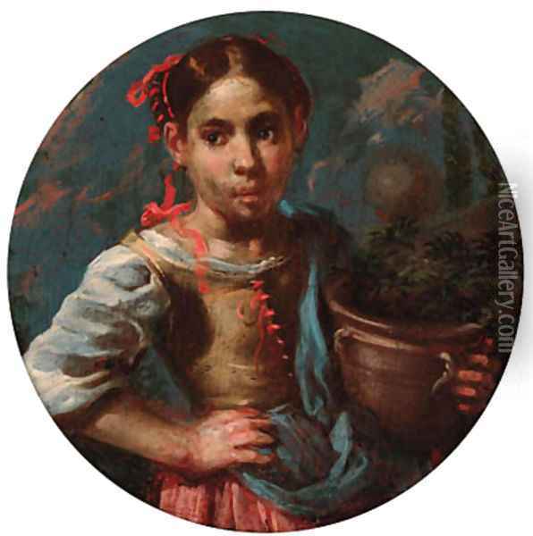 An allegory of summer a girl holding an earthenware pot with flowers Oil Painting - Bernhard Keil