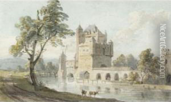 A Castle On The Banks Of A River Oil Painting - Thomas Sandby