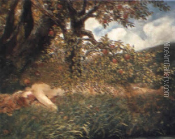 A Lady Resting Below A Peach Tree Oil Painting - Jacobus Leisten
