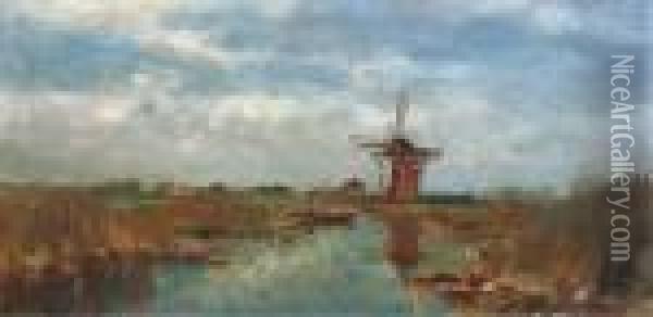 Windmill In A Reedland Oil Painting - Willem Johannes Weissenbruch