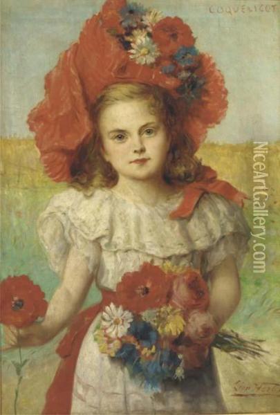 Coquelicot: A Young Girl With Poppies Oil Painting - Leon Herbo
