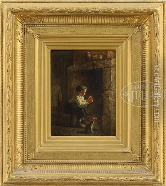 Two Works: Boy With Kitten By The Fire And Boy Practicing Horn Oil Painting - Michael Arnoux