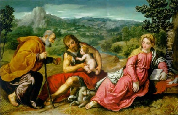 The Holy Family With Saint John The Baptist In A Landscape Oil Painting - Paris Bordone