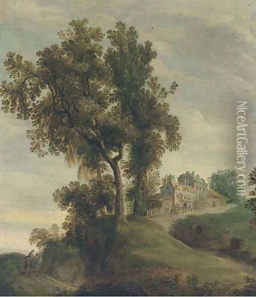 A partly wooded landscape with travellers on a track near a village Oil Painting - Domenico Fetti