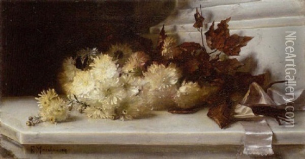 Stilleben Mit Chrysanthemen Und Schmetterling Oil Painting - Frieda Menshausen-Labriola