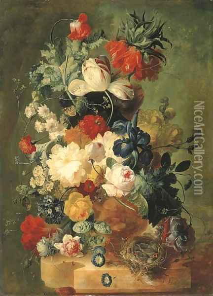 Pink and yellow roses, peonies, an iris, tulips, primulas, hyacinths, a poppy, a coxcomb, fritillaries and other flowers in a sculpted urn with a bird Oil Painting - Jan van Os